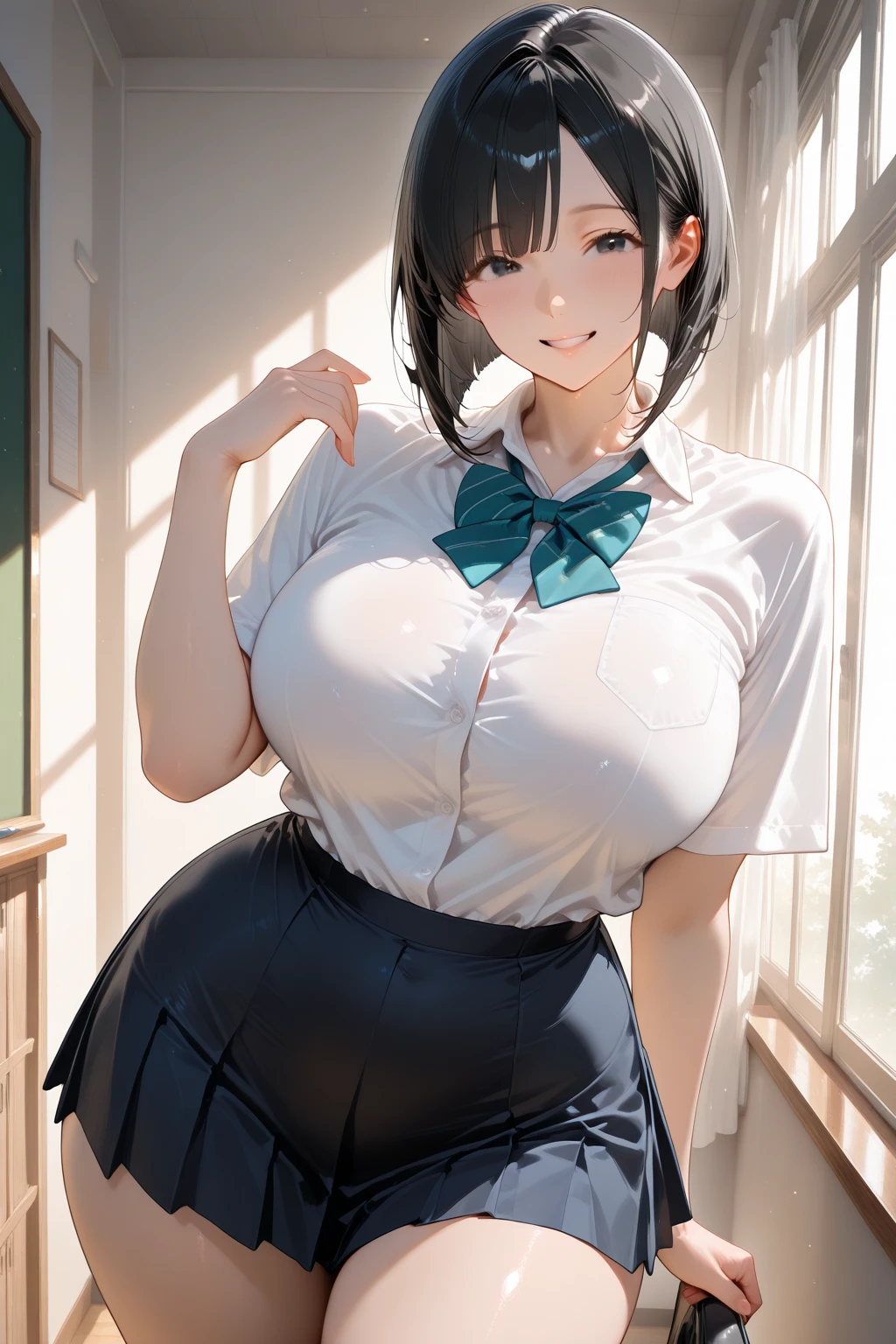 1girl, solo, white polo shirt, white sneakers, tennis wear, white miniskirt, masterpiece, best quality, realistic, hyper-detailed, (shiny skin, sweaty:1.4), absurd, looking at viewer, short black hair, brown eyes, slender, dynamic lighting, high resolution, sharp focus, depth of field, detailed eyes, sharp pupils, realistic pupils, (small breasts:1.6), (thick thighs:1.0), outdoor, sky