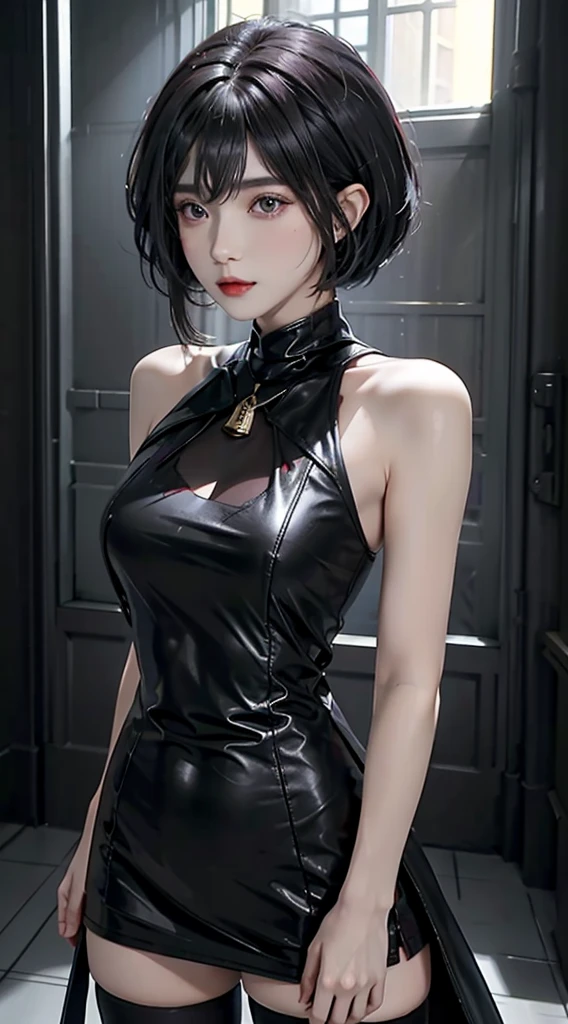 tsuruta ichiro, Narrow-eyed, 1girl in, Allback、deadpan、short-hair、shorth hair、brow、Reluctance、A dark-haired、Tucked Hair Solo, Cowgirl, Onepiece, ((mideum breasts)), Thin slit eyes、Black eyes, Light shines on the eyes、Black hair, gloves, Dress, Luxurious Jewelry, earrings, sharp eye、 elbow groves,Raise your hands and tie your hair back, random color, random color dress, Makeup for long eyes, Slender eyes、lip stick, Complex petal pattern, Rim Light, Back Light, pastel color,Studio Lighting