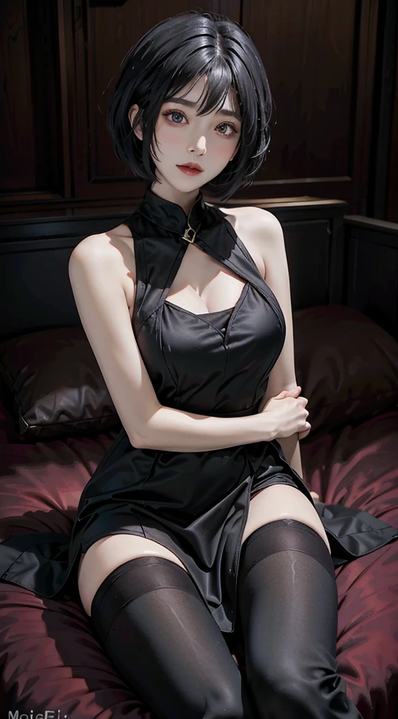 liangbing,whole body,masterpiece, best quality, Extremely detailed, Best shadow, Beautiful and delicate face, Beautiful and delicate eyes, High contrast,, 1 girl, Large Breasts, Bangs, Bare shoulders,black,foot