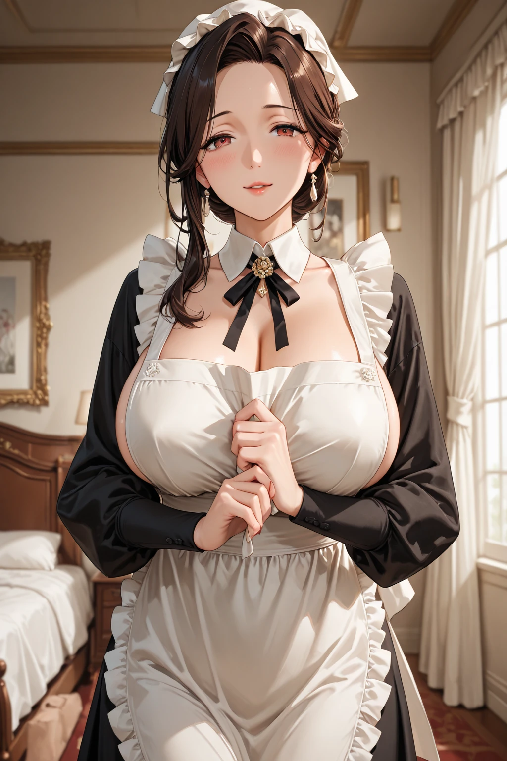 girl masterpiece、Super detailed, highest quality、photorealistic stick、 1 girl、Marquis&#39; daughter、Sharp eyes、bulging face、white skin、plump body、、(cleavage)、((Breastfeed))、Super large breasts that are very soft and sway、「Even the 3,000 beauties of the inner palace fade... their rich hair、flower-like face」、long dress for aristocrats, puffy sleeves, full hem，fluffy ruffles、lace material、clavicle、maid apron, maid headdress, cowboy shot, blush, upward glance、Bruises and gestures、cute、Anyway it&#39;s cute、So absurdly cute, Bedroom,
