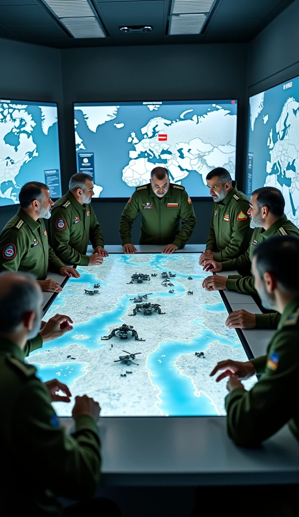 Major-General, homem de meia-idade, The background is a large scientific observation post with many large screens, surprised expressions, The backdrop is the large tent of the combat headquarters, there's a map