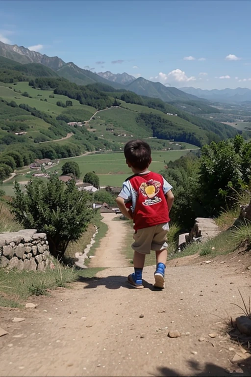 Create a kind of part of the mountain range with its mountains but that includes houses and a kind of path and if possible add a child with a bicycle passing by