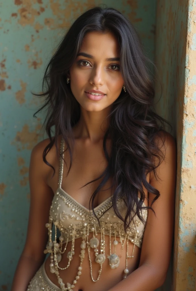 A true-to-life depiction of a 1 French-Algerian girl with long, wavy black hair and vivid brown eyes. Her face is naturally beautiful with perfect skin, no makeup, and no visible flaws. She has an athletic build with medium-sized breasts and a muscular, yet feminine, butt. Dressed in elegant evening wear, she looks directly at the camera, exuding natural beauty and confidence,