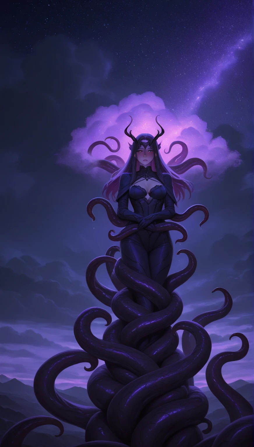 (No humans)、An alien tentacle creature with tentacles branching out from a central body with a single large eye、From below