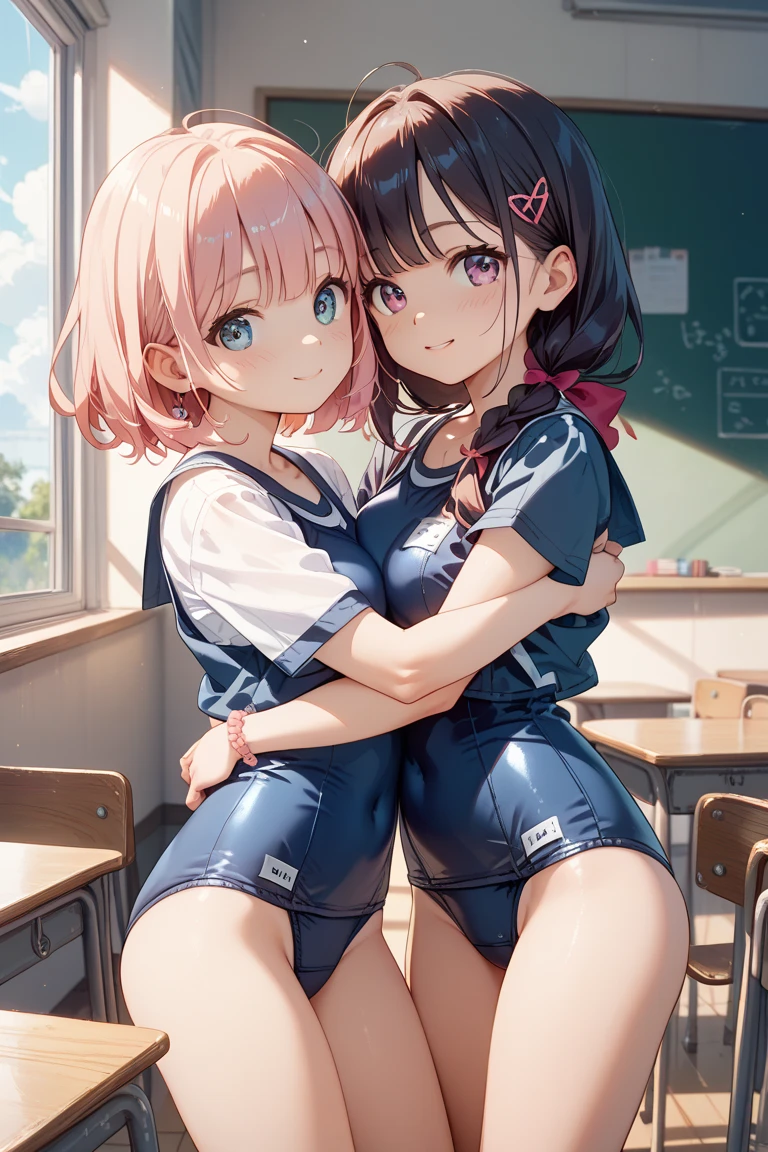woman、Braid、School Swimsuit、Fly Hearts、Sweaty、Eyes are hearts、My body is shaking