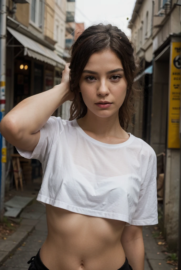 ultra realistic 8k cg, masterpiece, ((ultra detailed background, delicate pattern, intricate detail)), best quality, intricate details, chromatic aberration, 1girl, long hair, golden hair, messy hair, red highlights, hair over one eye, sharp eyes, choker, brick wall, graffiti, dim lighting, alley, oversized shirt,off shoulder, see through white shirt, Masterpiece, best quality