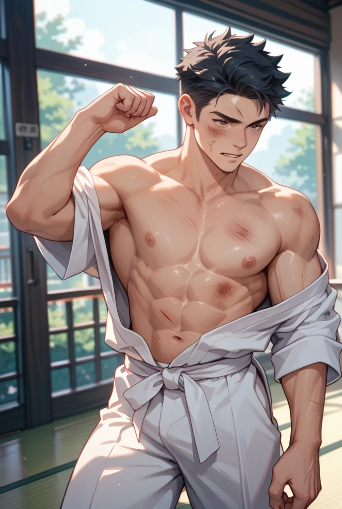 masterpiece, Highest quality, Asian Man, Anime Big Tits, alone, Shaved head, Displaying the viewer, Mature Men, Toned man, only, underwear, panties, speed, bulge, share, 詳細なbulge, slim, Thick thighs, Wet, Wet clothing, Wet bulge, genital outline,  overview, Detailed Background, sauna, Pool, Bright colors, masterpiece, Dynamic configuration, Highest quality,