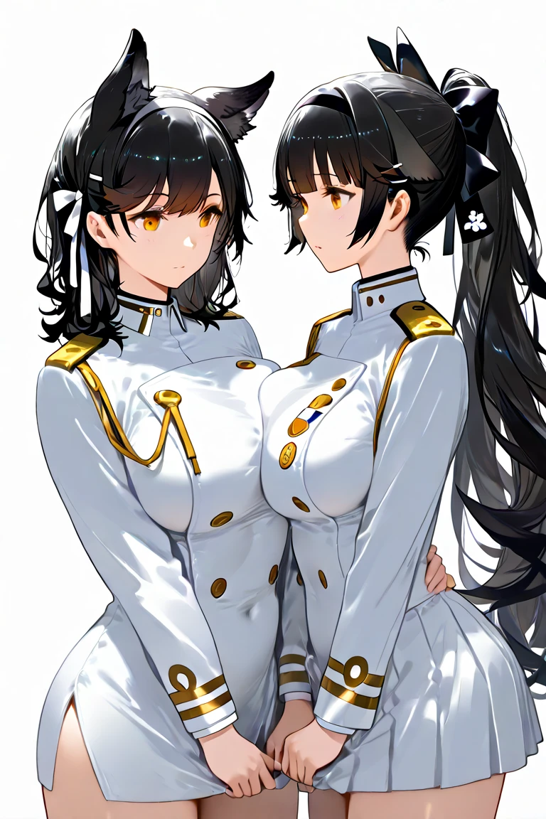 (masterpiece:1.2), best quality,PIXIV,Atago and Takao ,
multiple girls, 2girls, takao (azur lane), atago (azur lane), breasts, long hair, skirt, gloves, uniform, animal ears, garter straps, pantyhose, black hair, miniskirt, smile, military uniform, military, large breasts, ponytail, white gloves, thighhighs, looking at viewer, open mouth, bangs, bow, white bow, aiguillette, mole, hair bow, white skirt, mole under eye, pleated skirt, hair flaps, gradient background, very long hair, gradient, ribbon, extra ears, v, closed mouth, long sleeves, breast press, white ribbon, cowboy shot, simple background, brown eyes, buttons, :d, arm behind back, blush, swept bangs, leaning forward, standing, hair ribbon
 <lora:Atago and Takao_20230820183759-000014:1>