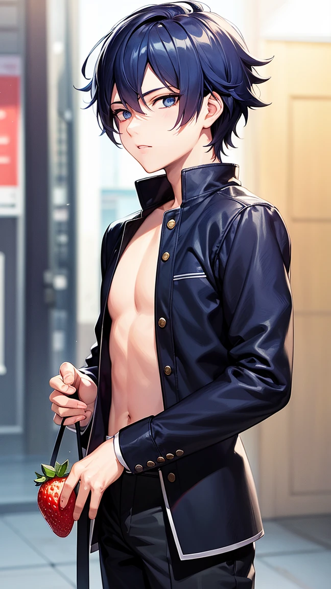masterpiece, Highest quality, beautiful boys anime face, 19 old a boy, gay anime hentai, tall, no underwear, bedroom alone, sexy pose, blushing and smile face, Upper body naked, short hair, black eyes, leather shorts, want sex, prostitute boy, full body, crotch emphasis, The gesture of taking off your pants