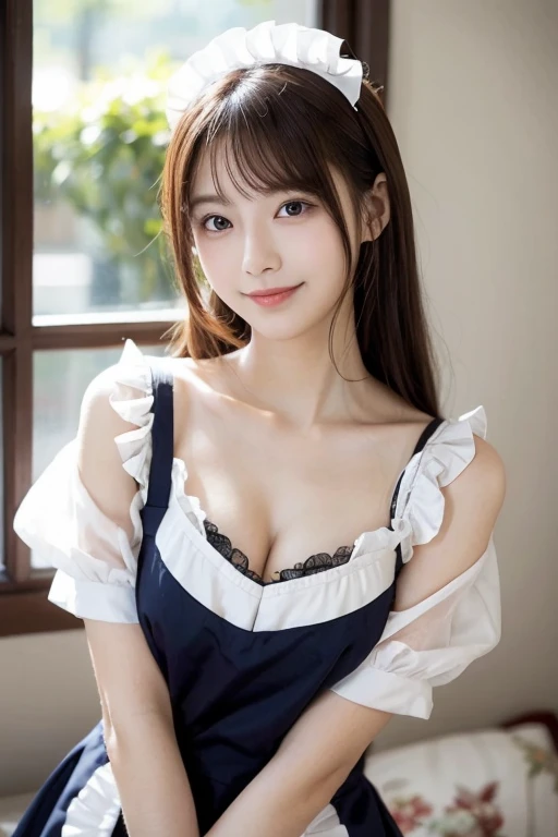 (top-quality,masterpiece:1.3,超A high resolution,),(ultra-detailliert,Caustics),(Photorealsitic:1.4,RAW shooting,)Ultra-realistic capture,A highly detailed,High resolution 16K human skin closeup。 Skin texture is natural、,The pores are、Must be detailed enough to be easy to identify。 Skin should look healthy with even tones。 Use natural light and color,resturant,Waitress uniform,女の子1人,japanes,18year old,kawaii,A dark-haired,Middle hair,(large boob),smil,Turn your body to the front,(front-facing view:1.2),Looking at the camera,cowboy shot,boob focused,chest close-up