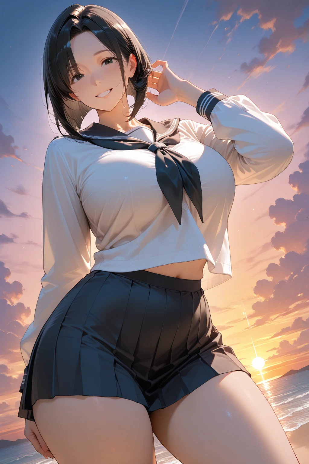 17 years old、beautiful girl、ponytail、Black Hair、Sailor suit、mini skirt、Thigh coordination、angle from below