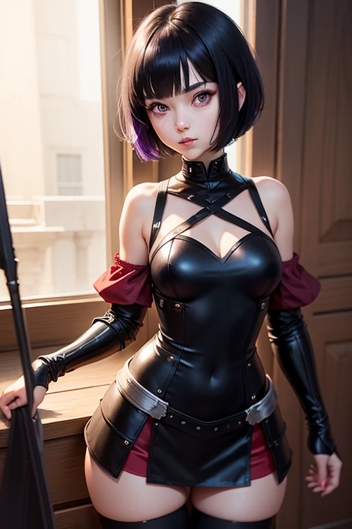 Woman Alone In Torture Chamber, Wearing a red gothic dress, wearing corset, Wear short gloves up to your wrist in black latex, Cute Japan girl face in Minami beach style, Sanpaku's blue eyes, slender, The whole body is shown, A dark-haired, a short bob, Wearing lace-up boots, pale complexion, Red Eyeliner, double tooth, Maiden, Best Quality