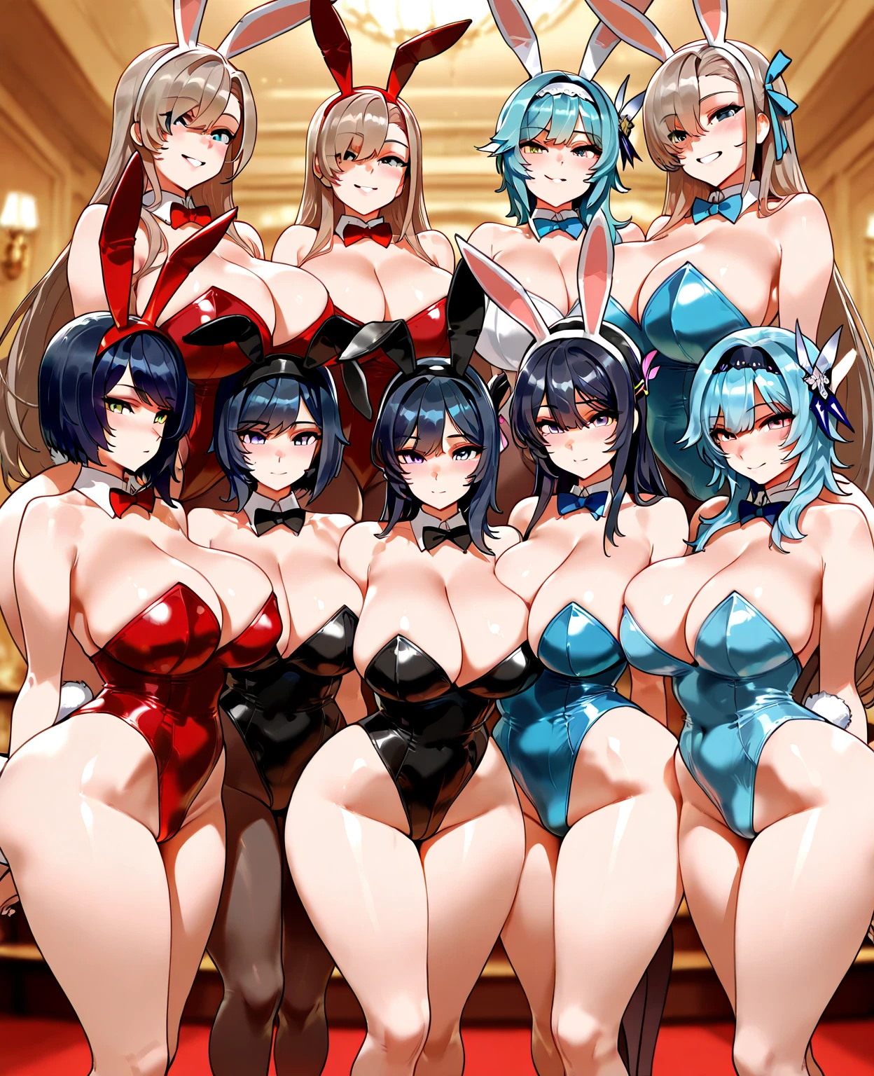 4 girls ,Big ass,medium tits, tight body suit,mask,tall, purple,high heels, standing,facing viewer,tall,stockings,queens,bikini,pool,queens,throne