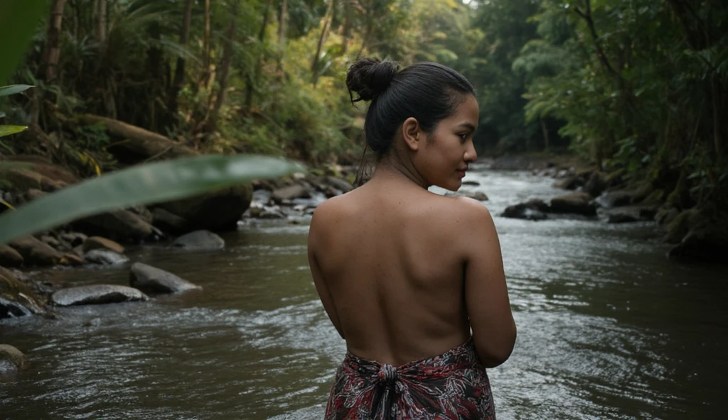 view from the back, a woman walks through the jungle, a monkey sits on her shoulder