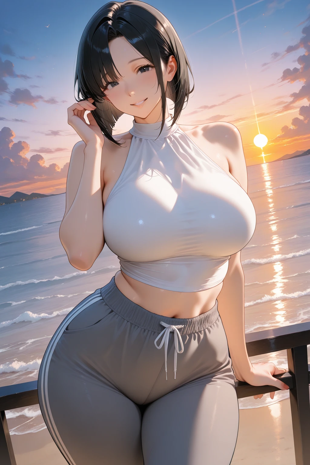 Tabletop, highest quality, Realistic, In detail, High resolution, 8k wallpaper, Perfect dynamic composition, Beautiful details, Bob Cut Hair, Big ample breasts, Random sexy poses,Chest to chest、(Open Chest Crop Tank Top Knitwear Clear Clave,red)、(Breast swelling 1.2)、Laughter、Open your mouth、Resort scenery、Age 25、(Droopy Eyes 1.4)、 beauty、Japanese,
