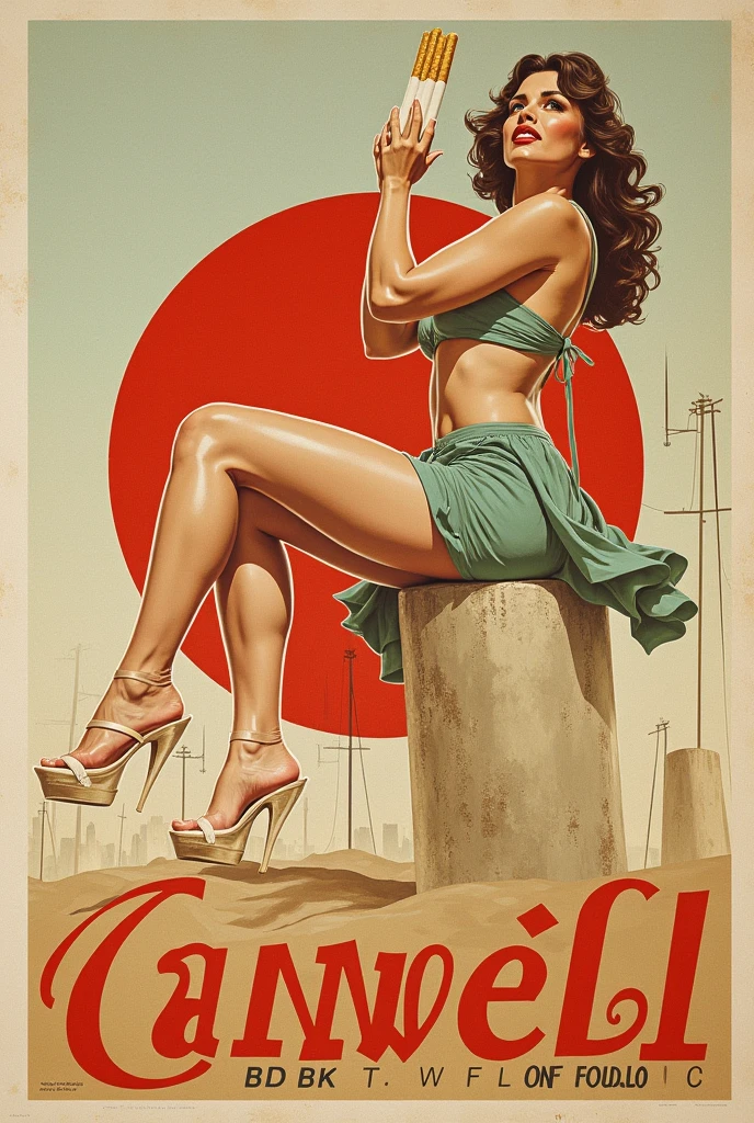 Soviet girl on propaganda poster. Showing cutting-edge 1990-s micro-bikini. Brown hair. Firm tits and ass. Turned showing her ass. Bending over. Sitting on her knees over camera. Spreading legs, showing pussy, between legs. Seductive smirk. Camera between legs pointing up at pussy and underboob. Big tits.