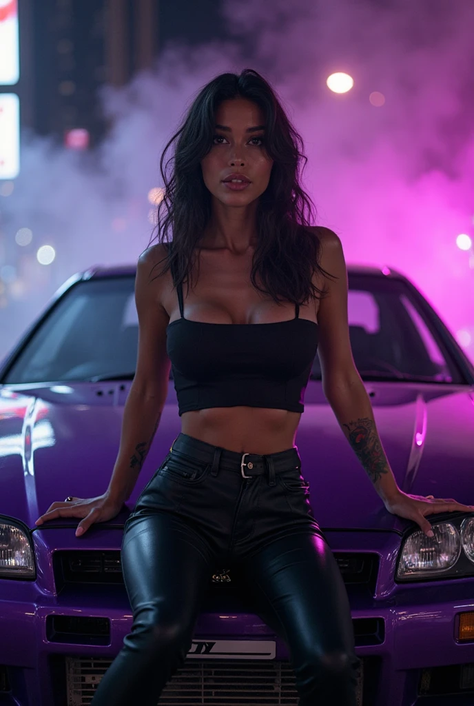 Beautiful 24 year old girl, long dark hair, deep green eyes, seductive look, no makeup, natural beauty, hyperealistic skin texture, 8K from a red cinematography camera, , "(8k, RAW photo, highest quality, masterpiece: 1.2), 24 years old ultra-fine depiction, clearly visible, girl with dark hair film Kodak iso 400, hyperrealism, detailed skin texture. she Is next to a car that looks like a Lamborghini, black dark sports car she is wearing a black lingerie piece. its during the night in Miami florida, cinematic shot, shot in iPhone 15