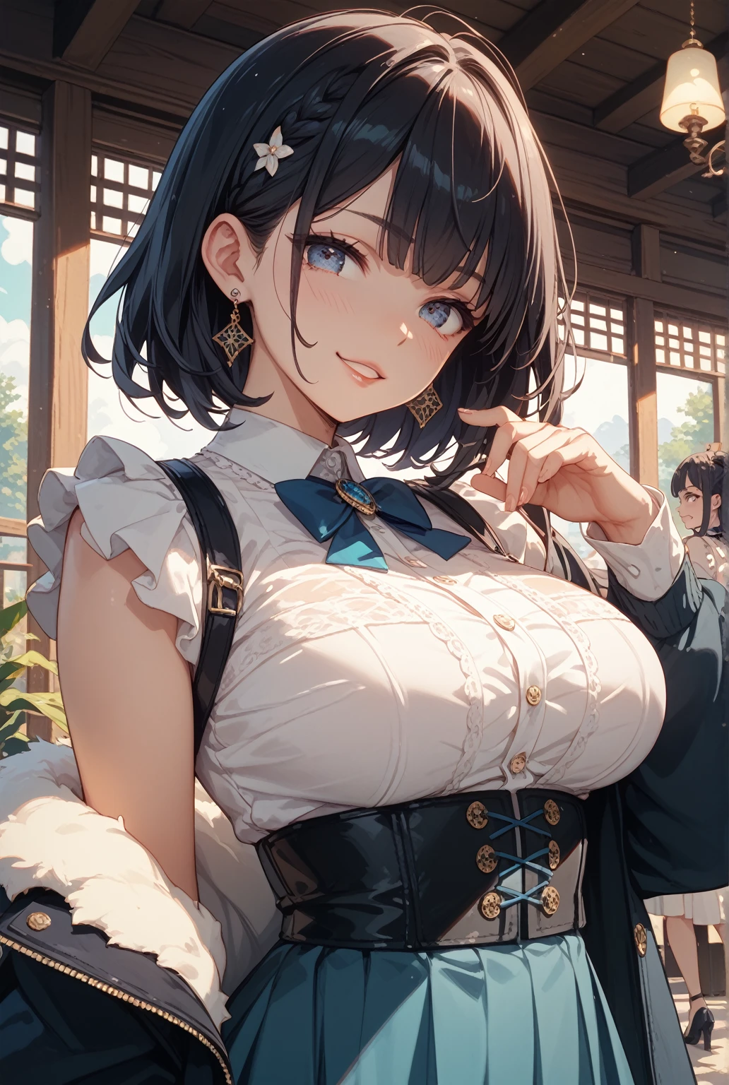 (dynamic angle:1.3, front view:1.1, breast focus:1.3, from above:1.2), (dynamic posing:1.2, sexy posing:1.2), (seductive smiling:1.3), highest quality、(real、photorealistic:1.4),(ultra high resolution, 8K RAW photo, clear focus), best qualtiy, natural lighting, field depth, (Bright pupils, detailed beautiful blue eyes, high detailed face), (tight focus:1.2), a girl 28yo old, Thicc, thin breast, long hair, blue eyes,garter stocking, cleavage:1.2, midriff, black shorts, black thighhighs, thigh strap, pretty girl, (highly detailed beautiful face and eyes,firm breasts),real skin,((black,hair,long pony tail hair)),thin pubic hair,cute,lovely, detailed eyes,(double breasted:1.0,under bust:1.0),(with sparkling eyes and a contagious smile),soft open mouth, Looking at Viewer,