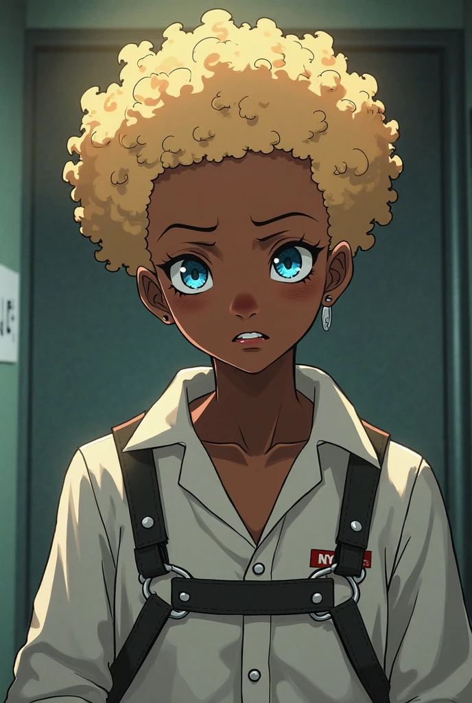 1 girl, (dark skin:1.2), shy, cute, (8k, RAW photo, best quality, masterpiece:1.2) ultra-detailed, detailed, vivid colors, studio lighting, blank eyes, white eyes, (detailed eyes, perfect eyes:1.1) black hair, extremely short hair, anatomically correct, brown eyes, black summer dress, modest cleavage, anime screenshot, facing the viewer, dark room, extremely short curly hair, mouth closed, hime bangs, long sleeved, tone mapping, black girl