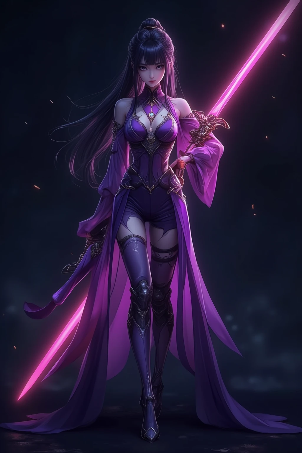 A girl with long black hair and bright blue eyes. She is dressed in purple ninja clothes. She has medium breasts. She holds two short swords glowing pink in her hands. She have a dark red lipsticks. She stands in the night forest