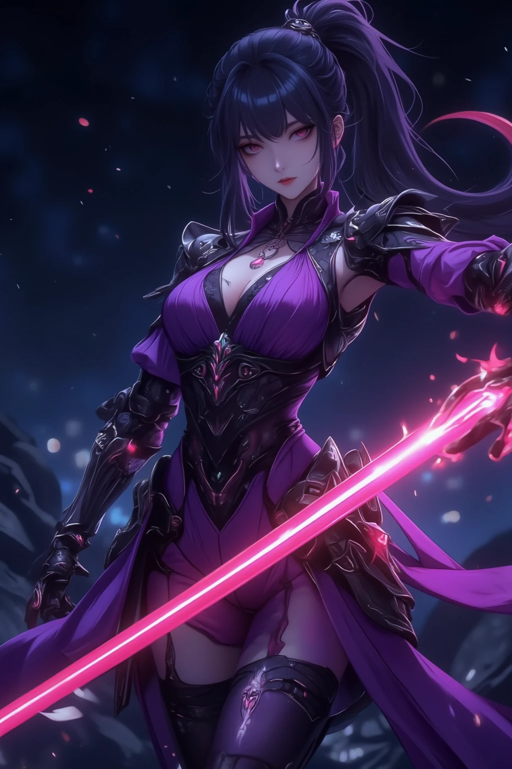 Vampire Queen Combat Dress (Radiant Royal Cloak: 1.2) Black and Purple Color, (extremely delicate beautiful eyes and depression but arrogant eyes), (multicolor, ponytail, iridescent hair, colorful hair, half purple and half pink hair: 1.3), (magical, mythic,fantasy), (Super Model Body Shape, idol, seducing body, attractive, gorgeous, charming, majesty, Sexy Devil aura), Original Character, Masterpiece, Tempting Purple Eyes, Purple Gemstone Accessories, Gold Belt, Gold Necklace, Wind Evil and body floating effect, Soft Moonlight, unique crown, (Corruption Tattoo on 1;1.25), (holding a Giant Scythe 1:1.3), 16k wallpaper style,bare shoulders, cute, , solo, stars, stardust, shiny body detailed, killing scenario, legend, horny blush, pink lips, cinematic lighting, full body close-up, scale up, twilight, dark magic, dark element, villain, real evil, korean art style, solo leveling