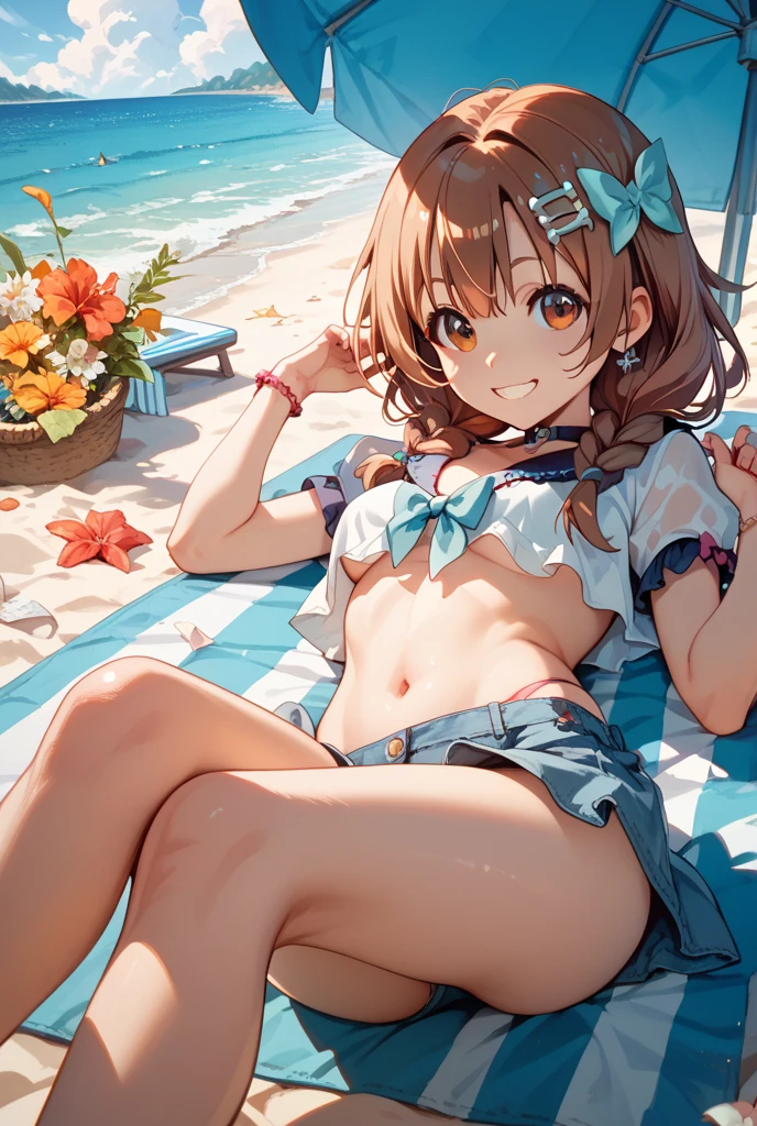 A cute frilly orange bra、Cute orange frilly underwear、barefoot、Sandy beach, cumulonimbus clouds and blue sky、An overflowing pile of mandarins, apples, muscat grapes, bananas and melon on top of the girl.