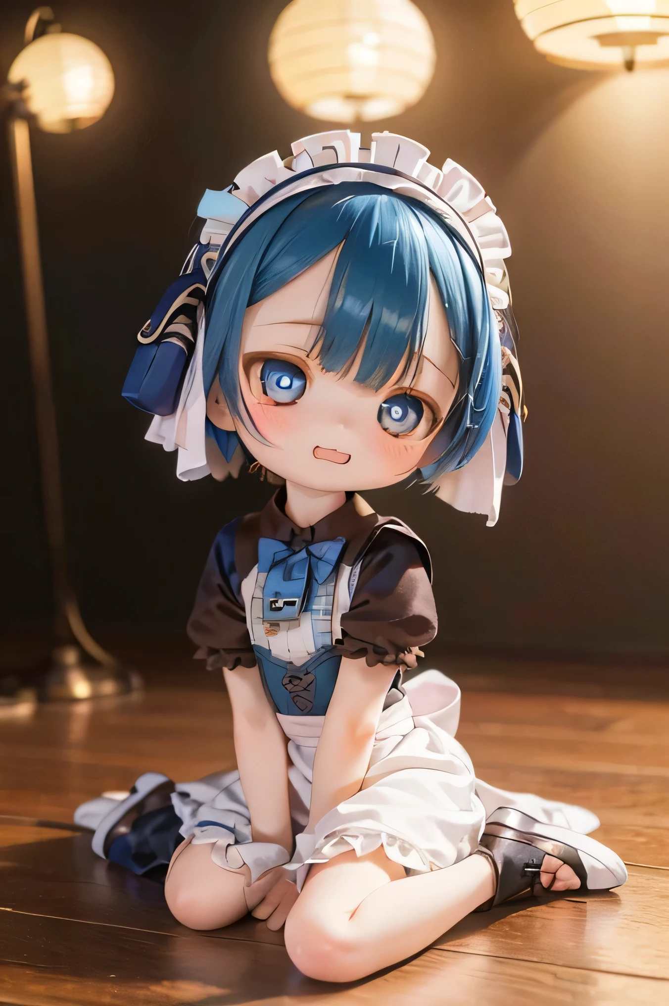 (Highest quality, High resolution, masterpiece:1.2),Very detailed,Realistic:1.37,Marulk from Made in Abyss,(Highest quality, High resolution, 4K, Very detailed, masterpiece:1.2), Realistic, High resolution, Vibrant colors, Sharp focus, Studio Lighting, Very detailed explanation, Professional, Portraiture, anime, Blue tones, Natural light, 10 year old girl, Blue curly hair, Flat Chest, Gothic Lolita Clothing, Innocent look, Delicate features, Long eyelashes, Expressive eyes, Rosy Cheeks, Soft lighting, Dreamy atmosphere, Whimsical backgrounds((((mini skirt))))Cooking in the kitchen(((((whole body)))))casual、Show off your legs