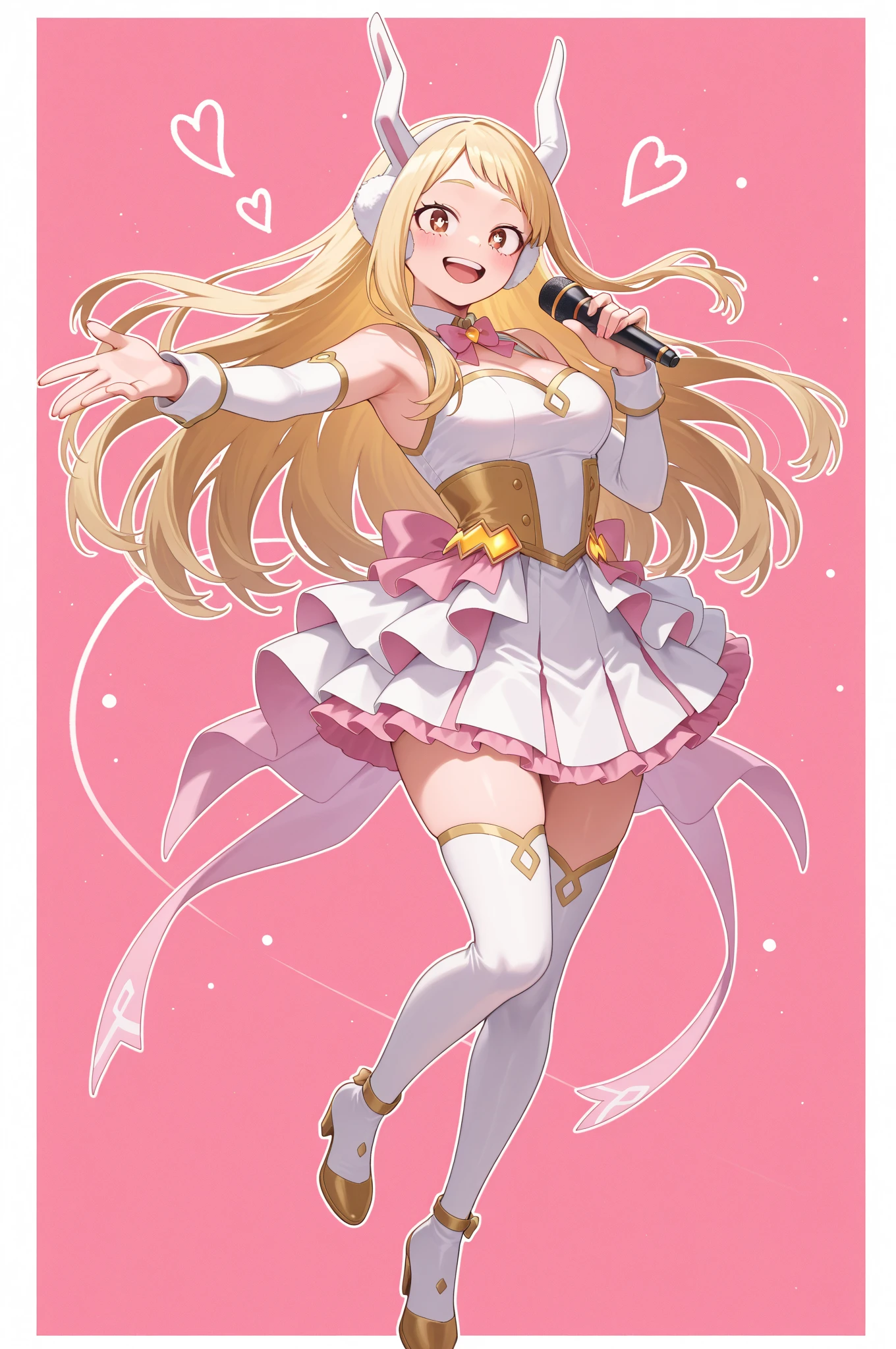 A cheerful teenage Jpop idol with very long blonde hair in curly twintails, wearing a purple unicorn costume with a miniskirt, pink boots, and angel wings, singing joyfully, intricate details, vivid colors, delicate lighting, by Ross Tran, Makoto Shinkai style