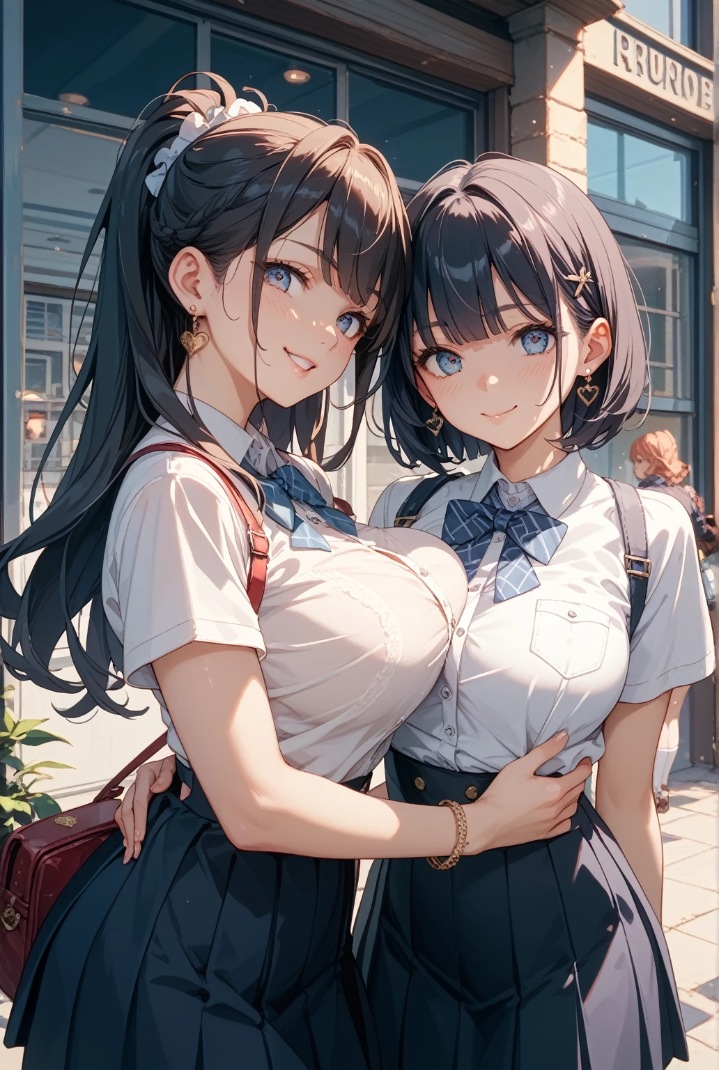 Photorealism, highest quality, ultra high resolution, photograph, exquisitely beautiful photograph, extraordinary beauty, cheek gloss highlight, perfect body, biologically accurate, cute and beautiful face details, (face to face with the children_v1: 0.008), beautiful bangs, shining white skin, between the eyes, beautifulglossy hair, smooth hair, thin hair, high resolution eyes, beautiful, Bright and transparent, Big eyes that shine charmingly, eyeliner, double eyelid, beautiful legs, ((face focus:1.5)),  (From the front:1.2), neat woman, 28 years ago, 1 person, (enchanting smile: 1.2), ((innocent and cute girl:1.3)), (Shiny long straight hair), (light brown hair:1.2), (oversized sweater), (cute skirt), ((very close relationship: 1.2)), (large breasts:1.5), cleavage, ((looking at the viewer:1.2)), ((Parks with lawns:1.2)), ((The wind blows up my skirt:1.6)), pink panties, black bra, Open shirt, ((on the lawns, open legs)), embarrassed look, Dazzling sky, sunny, Backlight, ((lift up skirt:1.5)),((With both hands on the ground:1.5),