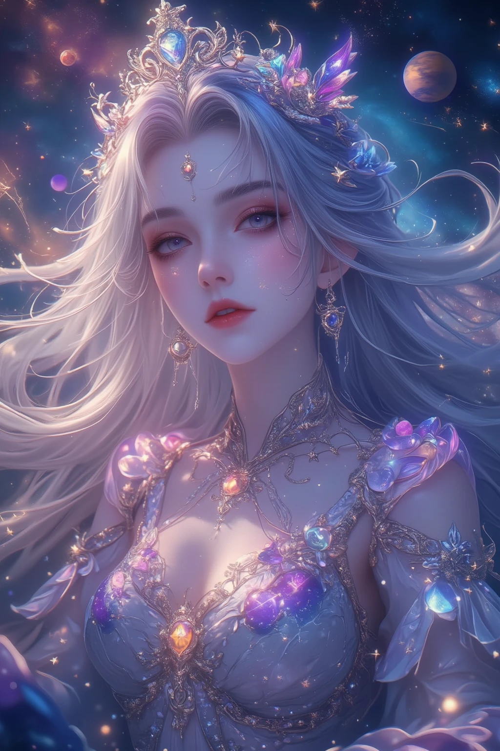 Realism, painting, Fantastic fairy tale, fantastic style, John Tolkien style, small painting by Jean-Baptiste Mo, Close-up. Diamonds + glass beads +beads+ filigree jewelry+ Lush large open female bust + lack of clothes + sensual princess Rapunzel + cleavage + the thinnest transparent lavender tulle, with a lively natural structure of dry skin and pores, mystical morning lighting, a book image in the RPG genre, an image from "Dungeons and Dragons", a fantasy image.