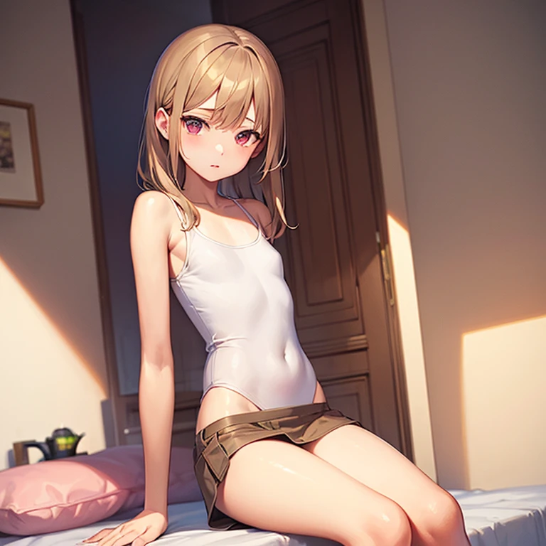 (masterpiece、top-quality、hight resolution、photos realistic、real looking skin:1.1)、Japan girls at 25 years old、short stature、full bodyesbian、(very small breasts:1.5)、(a blond:1.2)、Beautiful eyes、Shining eyes、embarrassed from、Short side ponytail、no bra、Chest Pochi、(Sheer white tank top:1.5)、is standing、(arms behind back:1.5)、(Bedroom at night:1.5)、(linen child panties:1.5)、nsfw