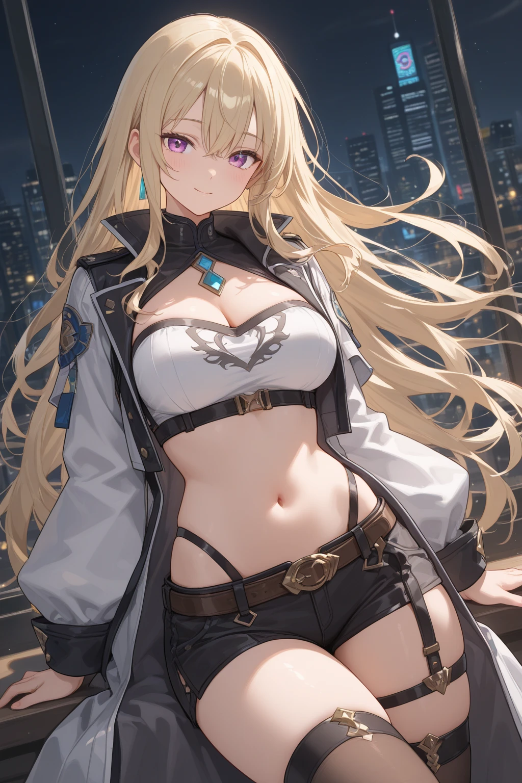 {best quality}, {{masterpiece}}, {highres}, original, extremely detailed 8K wallpaper, 1girl, {an extremely delicate and beautiful},{{full body}}, looking at viewer, multicolored hair, long hair,white blue jacket,black pantyhose, blue dress, earrings, jewelry, multicolored_hair, solo, blue_eyes, cross_earrings, streaked_hair, looking_at_viewer, detached_sleeves, skirt, navel,thighhighs,choker,streaked_hair,bare_shoulders,gradient_hair, tattoo, midriff,black fingerless_gloves,outdoors, street,city, <lora:Serval-000008:0.7>,