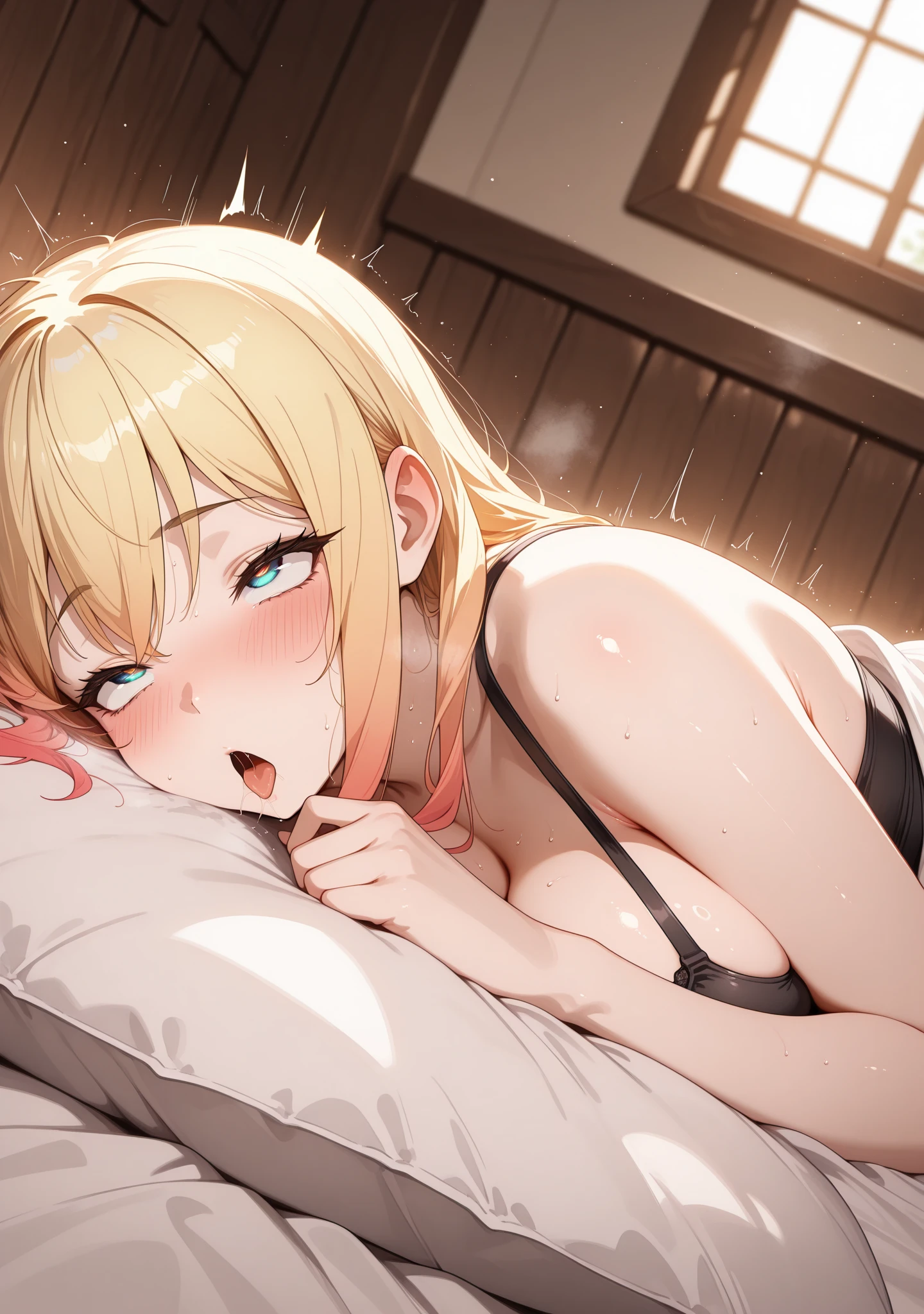 score_9, score_8_up, score_7_up, 1girl, solo, indoors, bedroom, tomboy, shy, blush, gyaru, standing, choker, looking to the side, big breasts, wide hips, medium long hair, (blush), tall, lying in bed, blanket pulled up, view from side, shy smile, lazing around on a bed, on top of a bed, wearing modest payamas, (5fingers), clothed, tomboy hair, payama pants,