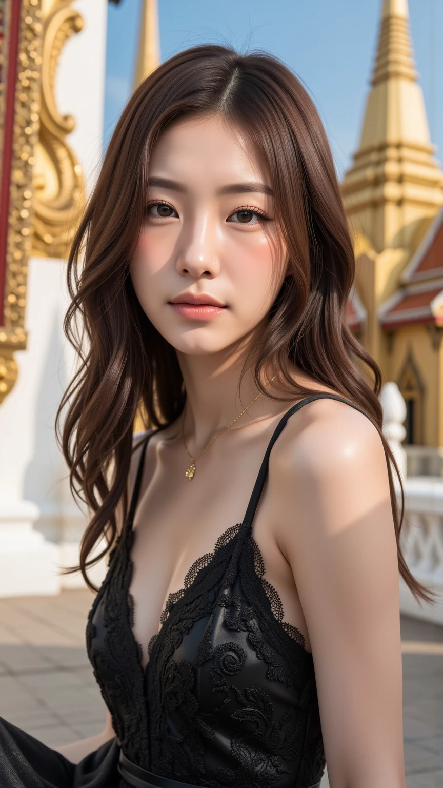 Perfect Woman, perfect mouth, perfect toes, perfect mouth, Flawless nose, perfect dark eyes, perfect and long straight black hair with bangs, big and beautiful breasts.