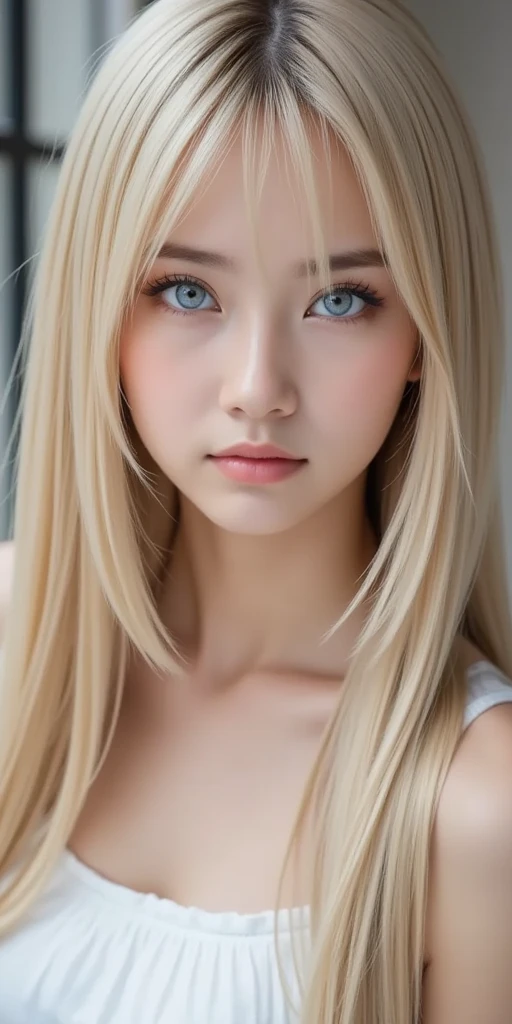Golden blonde bob, long hair, bangs to the side. Blonde hair, Mini bikini full body close up, Big 
