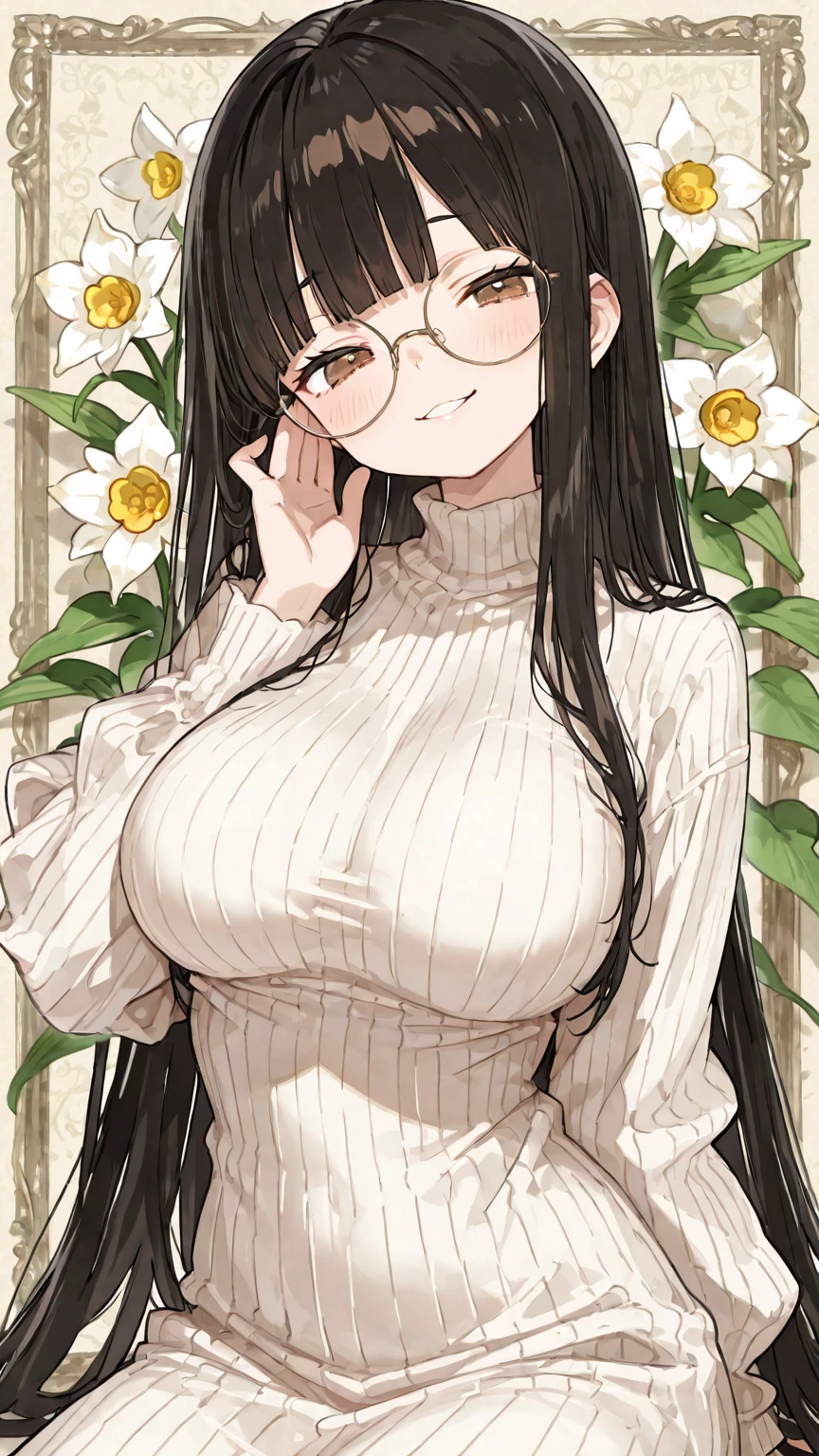 Cute sexy nervous woman with thick long messy curly brown hair with glasses with tattoo blushing with bright earrings with thick thighs and big chest in a sexy dress holding flowers with butt out winking acting shy and embarrassed blushing