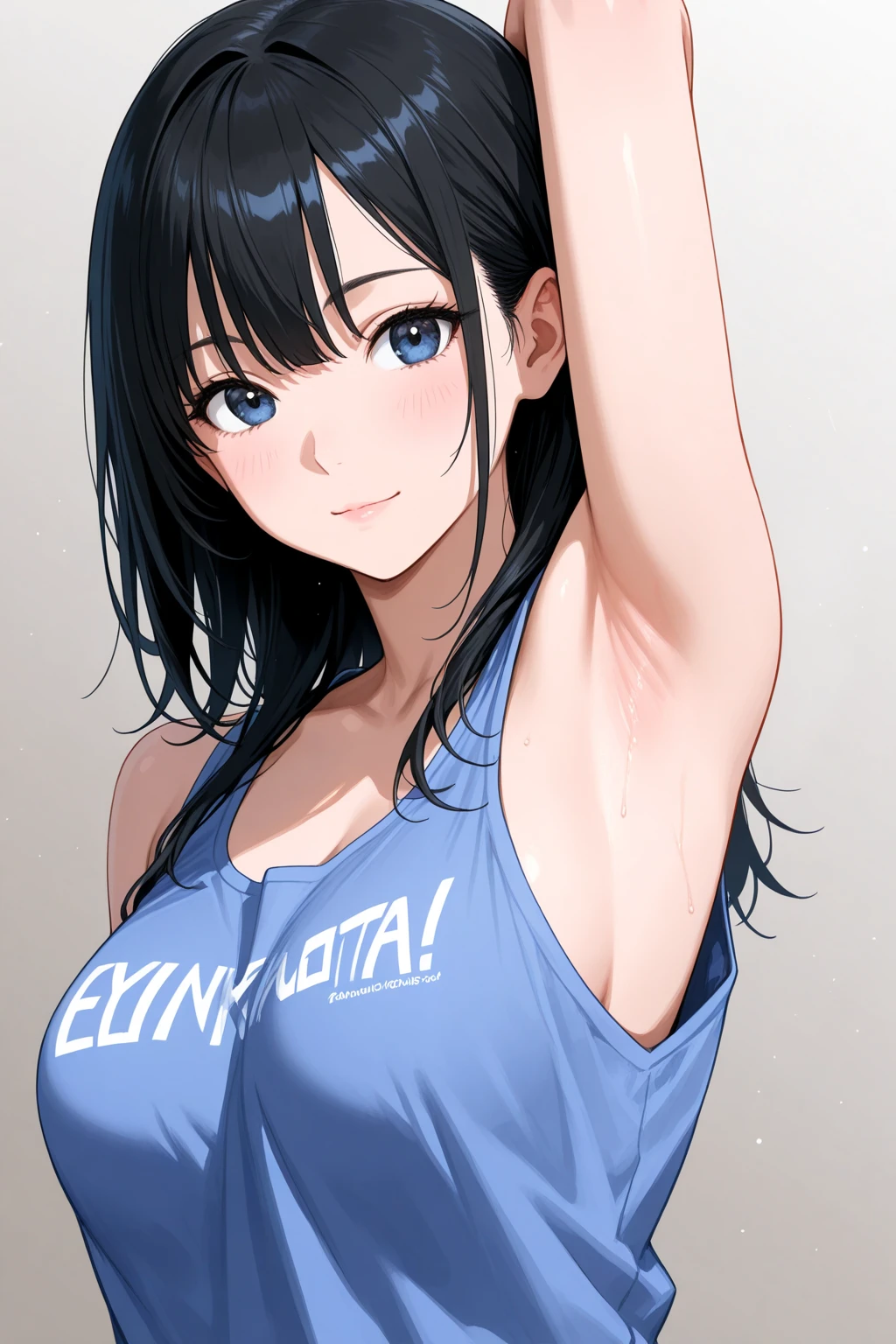 Black-haired, blue-eyed, large-breasted woman wearing a bikini