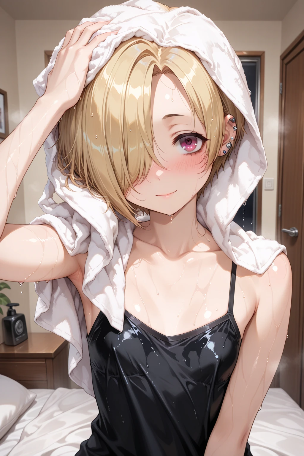 (Highest quality, 4K, 8k, High Resolution masterpiece:1.2), Very detailed, Picturesque, Anime-style photos, Photo Animation:1.37)、a beautiful girl、(Brunette Hair)、(pixie cut)、gyaru、tan、in the room、Female masturbation、sex toy、black dildo、small adult toy rotor、attach to nipple、Ecstasy face、trembling、Sweat、Drooling、crying、vapor、Black choker、pierce、necklace、bracelet、selfie