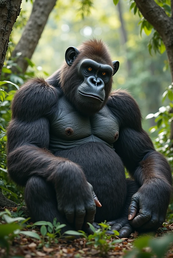 ((female gorilla)), ((mega breasts)),((wearing green bikini)) //full body, (breast squeeze:1.3), (chubby:1.2), Photo realistic, High resolution, detailed background, detailed beautiful skin, detailed nose, (solo shot:1.23), (((nice hand, perfect hand))), clear eyes,//in the jungle,