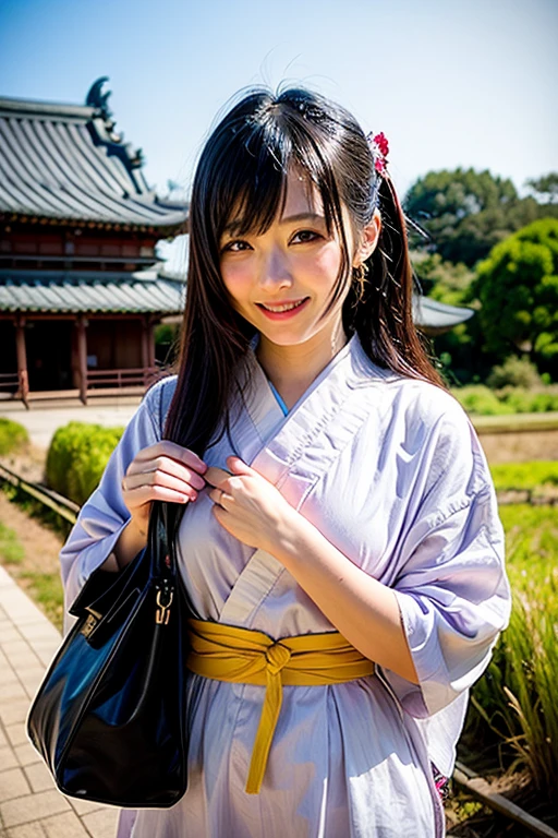 ((Turn back and smile at the camera:1.2))、(High resolution、high quality、High resolution、be familiar with、masterpiece）、(There&#39;s a cute girl there)、（Long pure Japanese hair with a beautiful hairpin and light brown hair）、(lean body:1.2)、(small and cute tits:1.2)、(Kimono-style bra and kimono-style panties in gold or purple with finely detailed ornaments:1.2)、she is wearing a collar、Kimono-style garter belt、（Holds a golden dragon in both hands）、The pose is cute and very nice、(In front of the gate of a large old shrine)