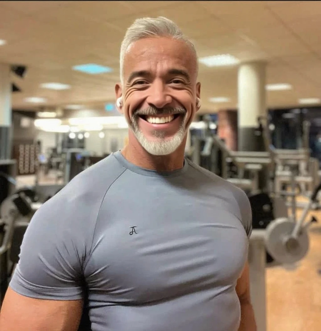 Muscular Santa Claus in front of the mirror holding a mug of beer