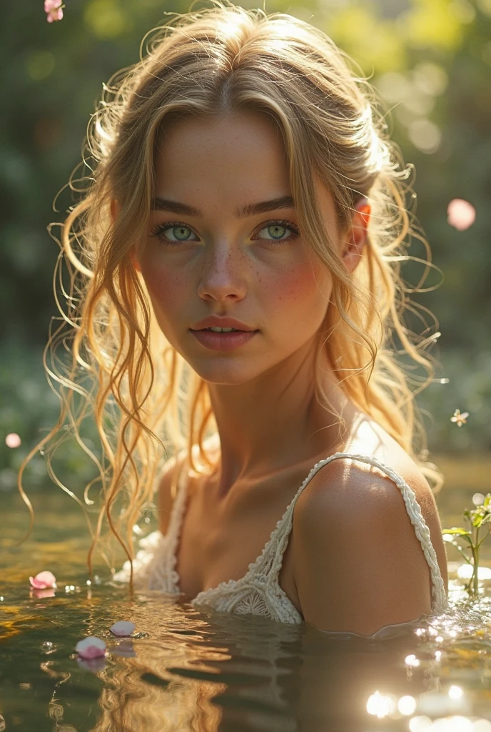 16 years old, sweet young face, Curly blonde hair, no panties, nude, 2 bust size, In water