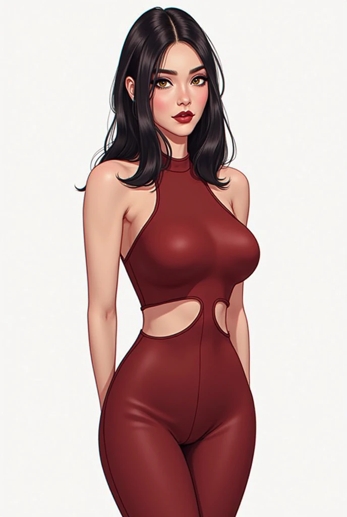 gorgeous woman, brown hair, red bodysuit, navel, cleavage cutout, mechanical antenna interface headset, looking at viewer, 


blank background, white background,