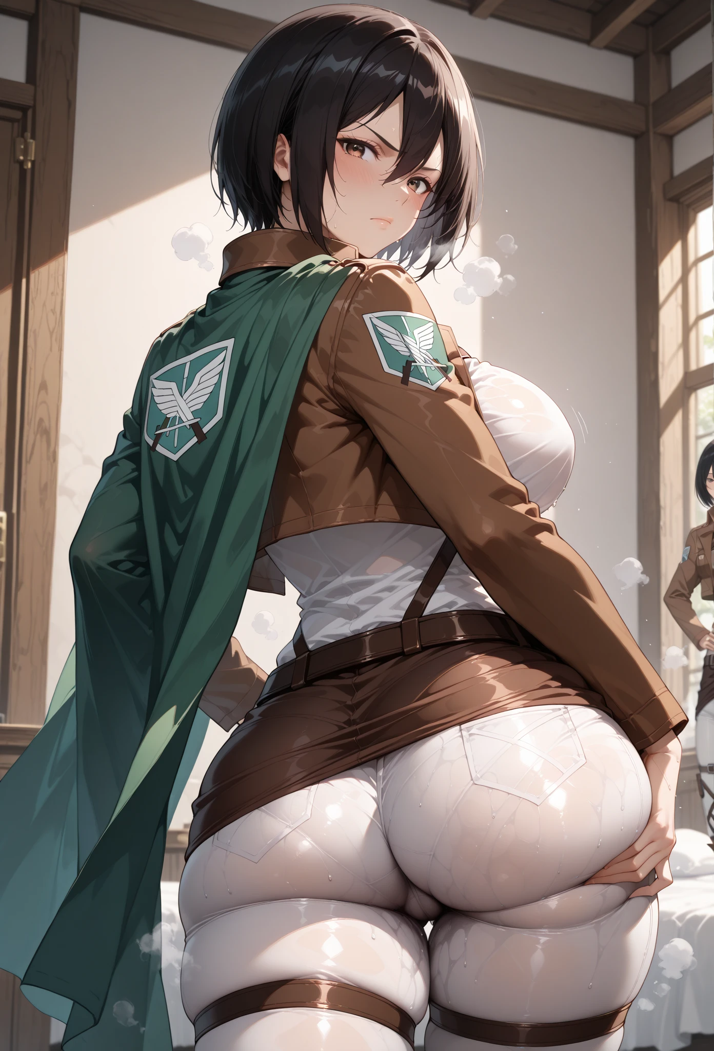 ((Sasha braus)),((velocity)),green smoke,Attacked by farts, (((Women sit on dining table)),velocity,(green smoke is rising),i&#39;i&#39;i&#39;i&#39;i&#39;i&#39; dining room)),((One Woman)),((A girl smells a fart and smiled faintly)),((covering her buttocks with her hands)),((fart while sit on dining table with food above it)),(farting on food),((blushing)),(masterpiece:1.2、top-quality)、(the Extremely Detailed CG Unity 8K Wallpapers、ultra-detailliert、Best Shadows)、(细致背景)、(The best lighting、extremely delicate and beautiful)、depth of fields、1girl in、独奏 ,looking arround her,Women wear scout outfit and wear white legging,Ephemeral,,(),(scout regiment outfit)),((((Girl is embarassed when she smells the bad smell of farts)))),outfit like a scout regiment,((((profile facing diagonally)))),((i&#39;I closed my mouth with hand feel embarassed...)),(()),((embarassing look)),((massive fart)),((fart text))