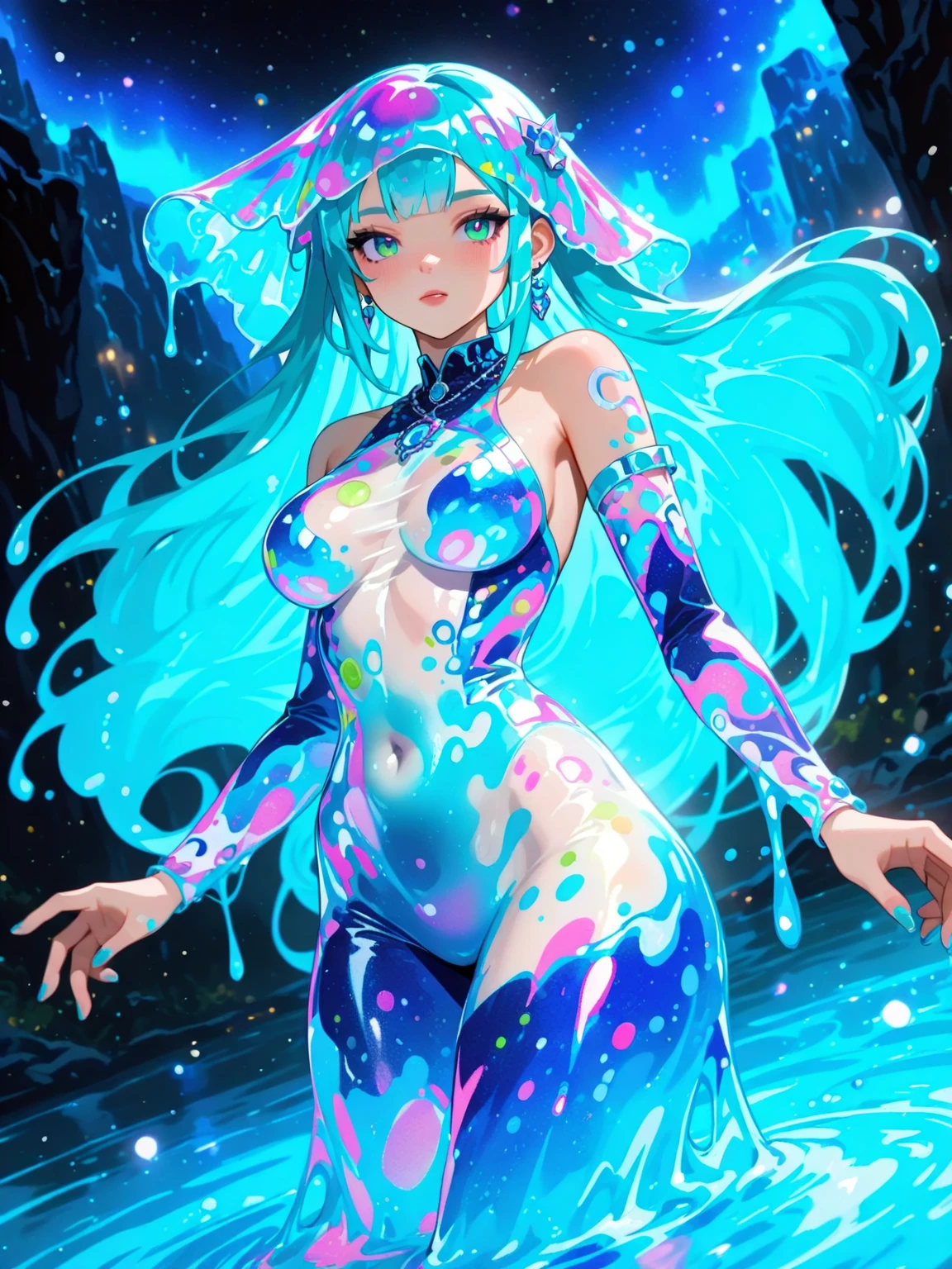 a woman made of a blue substance, insane look in her eyes, slime and tentacles, loish |, anime monster girl, slime woman, goo woman, toxic slime, oozing blue goo, dripping goo, full of blueish liquid, blue ooze, monstergirl, rossdraws cartoon vibrant