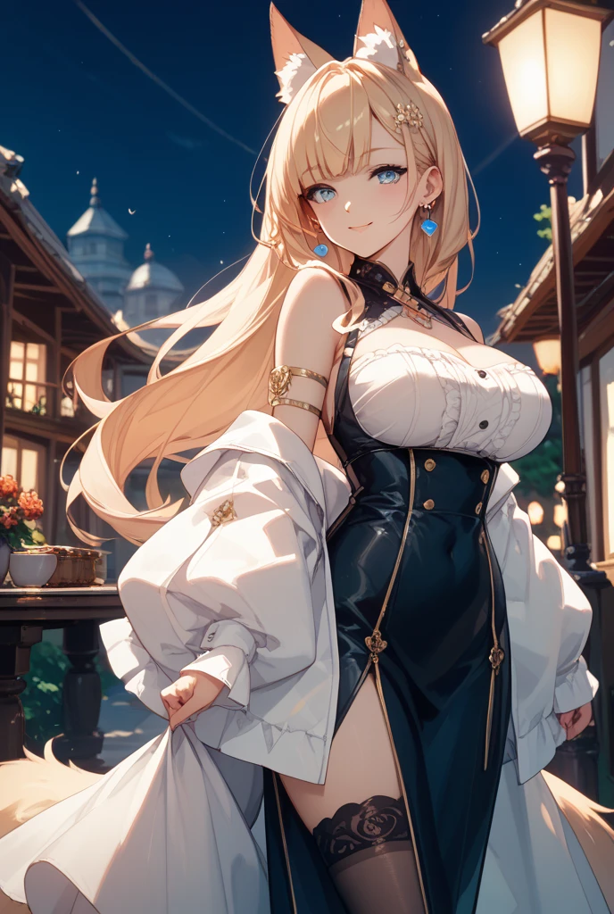 Official Art, Masterpiece, Sharp Focus, (Beautiful Gorgeous Cute Chinese Woman: 1.3), (Beautiful and Cute Chinese: 1.3), Chinese Beauty, Delicately Beautiful Hair and Eyes and Face, Realistic, Ultra-detailed, Beautiful Girl, Fine Light Rain, Wet Clothes, Glow White Particles, (Side Lighting: 1.2), Sunlight, White Clouds, Delicate Clouds, Slender, Cute Big Breasts Big Buttocks, Toothy Smile ((Laugh with Eyes Open)), Landscape, Long Straight Hair, Sexy Facial Expressions , Mountains and rivers in background, damp clothes clinging to body curves, (Cityscape:1.7), Dynamic hair, Long straight hair, Delicate gilt blonde hair, Glowing heterochromic pupils, (upper body tight vest, thong ), Black stockings, Pale skin, Hair accessories, Epic scenery, gorgeous cheongsam