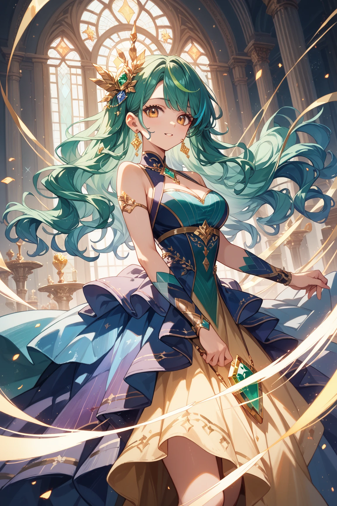 (16K,Ultra-high resolution,Highest quality,masterpiece,Super detailed,Very vivid CG),((beautiful girl with blue eyes)),((Light green off-the-shoulder dress:1.3)),BREAK(Blue mini skirt:1.3),BREAK,((Black shoulder-length ponytail:1.3)),BREAK,(Blue Scrunchie:1.3),Beautiful sea in Japan on a very sunny summer day,Anatomically correct body,Highly detailed facial features, Beautiful and perfect face, Perfect Eyes,Yellow-green ripples,Scale emblem on arm,An island with a large forest in the distance,BREAK,(Golden Trident:1.3),BREAK,Japanese style,Smiling at the audience,Wink at left eye,Background with a horizon,Angle from the front