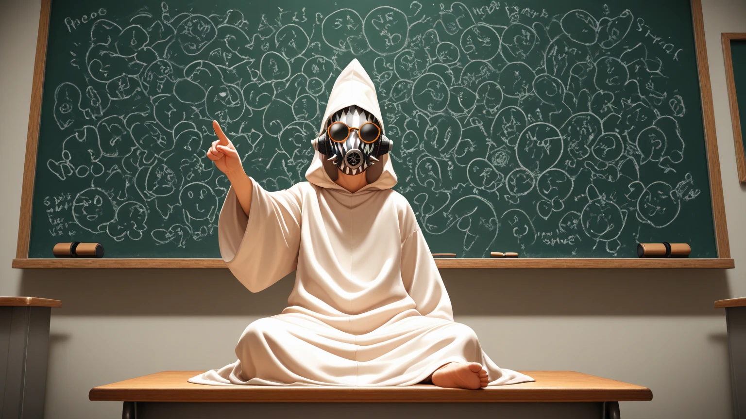 score_9,score_8_up,score_7_up,score_6_up,BREAK, school, lesson, desk, in a class, writing with chalk on the blackboard , holding textbook, BREAK 1girl, full latex bodysuit, latex gloves, skin tight, (vintage gas mask), round lenses, (face covered, head covered, latex head cover), skin covered by latex bodysuit, white long fur coat, slave collar, BREAK full body, full breasts, sexy, seductive, young, attractive