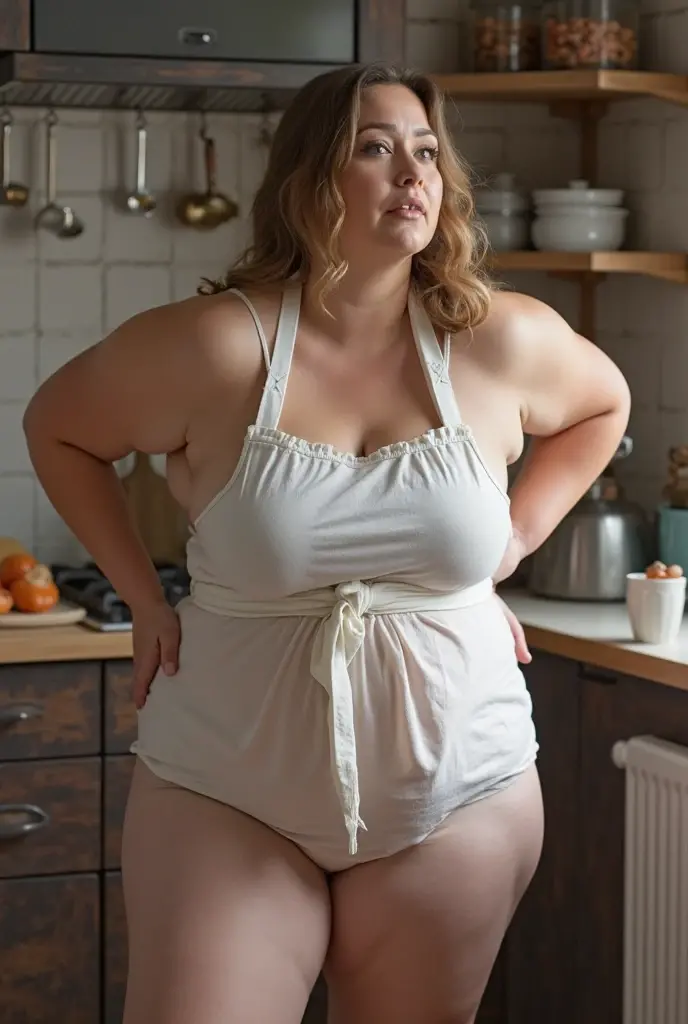 Xyrele, 1girl, solo, 30 years old, (((French face))), (((French nose))), (((French lips))), ((((chubby)))), (((wide hips))), (((blonde hair))), crinkly medium hair, wearing beige unique designed Bralette and thong, ((Background: Kitchenette in Russia)), ((upper body and upper legs))
