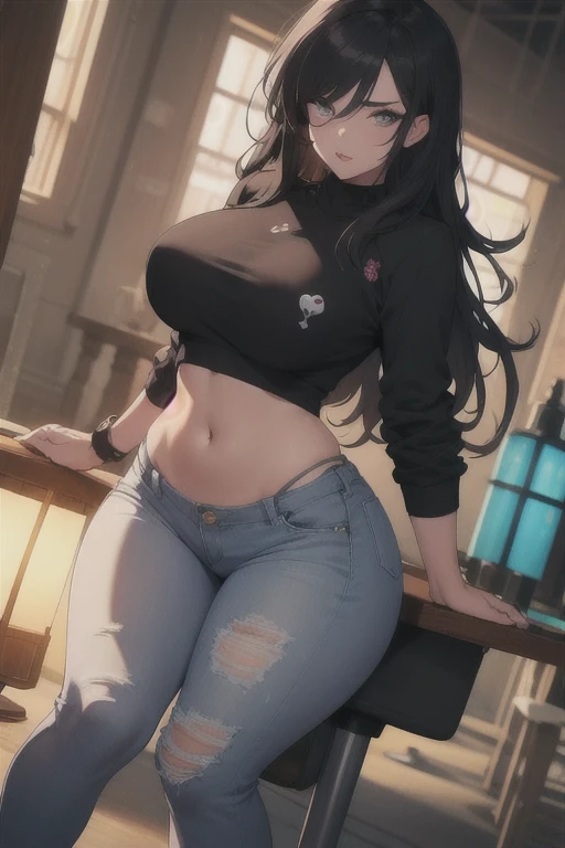 Masterpiece, high quality, best quality, beautiful, HD, perfect lighting, detailed face, detailed body, ((1girl)), ((solo)), medieval fantasy, fantasy village, long black hair, (fluffy hair), flowing hair, purple eyes, confitent smile, blush, ((black crop top)), ((shorts)), thigh highs, choker, belt across hip, witches hat, (((small breasts))), cleavage, perky breasts, she is bottom-heavy, ((((wide hips)))), (((((thick thighs))))), ((((chubby)))), fat rolls, ((tummy bulge)), ((belly bulge over belt)), ((belly hang)), small cabin, woods, inside, night time, dress is tight around the belly area, she has gained weight,